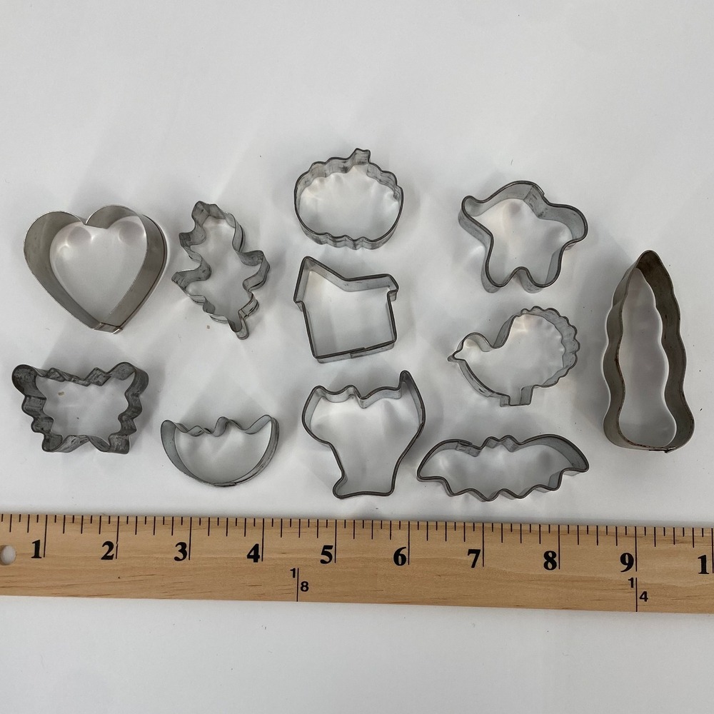 Vintage Lot 11 Metal Cookie Cutters Holiday Halloween Christmas Thanksgiving Lot